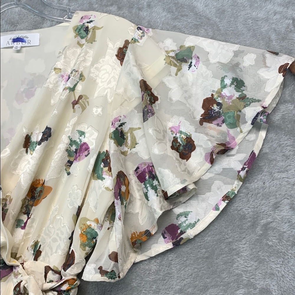 NWOT Wrap Bridesmaid Wedding Guest Cream Floral Ruffle Sleeve Maxi Dress Size XL - Picture 2 of 9